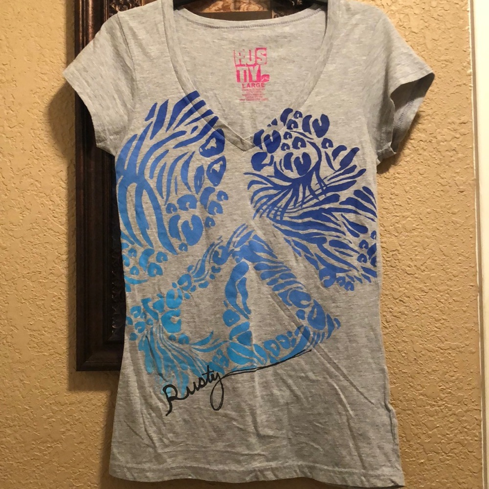 Worn once RUSTY V Neck Top. Cool graphic design. Beautiful summer colors. Large